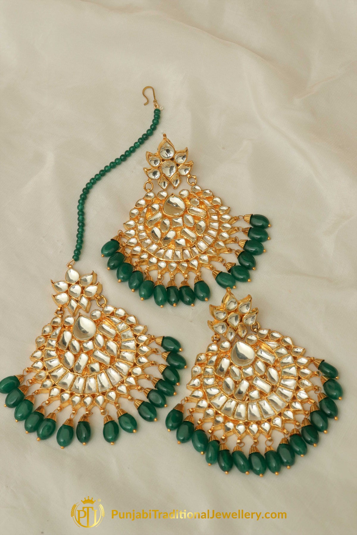 Basheera Emerald Kundan Earring Tikka Set | Punjabi Traditional Jewellery