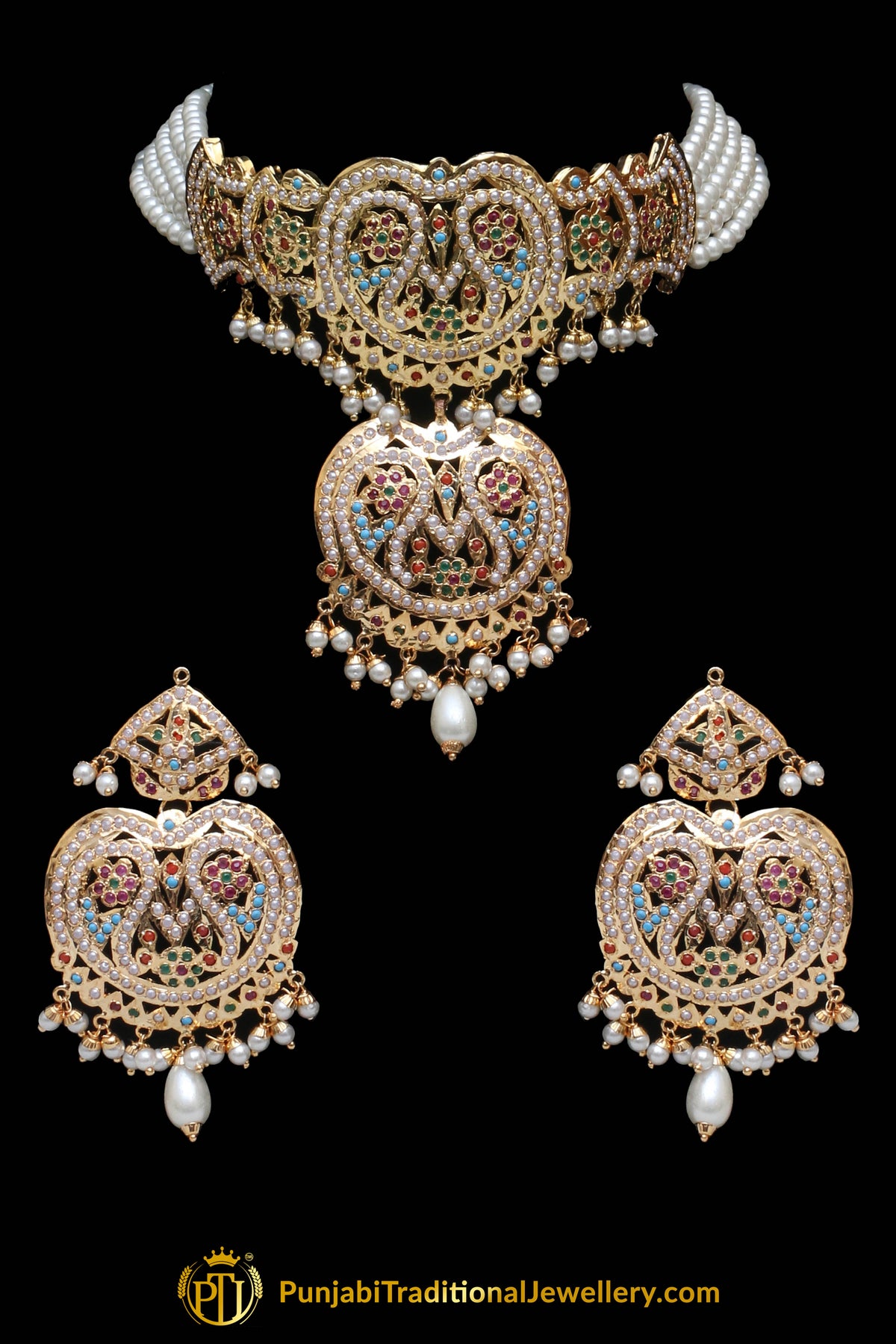 Multi Pearl Jadau Necklace Set By Punjabi Traditional Jewellery
