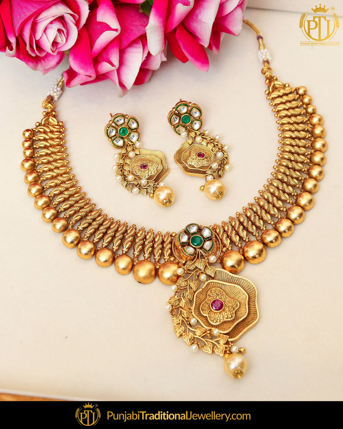 Antique Gold Finished Rubby Emerald Kundan Pearl Johda Necklace Set  | Punjabi Traditional Jewellery Exclusive