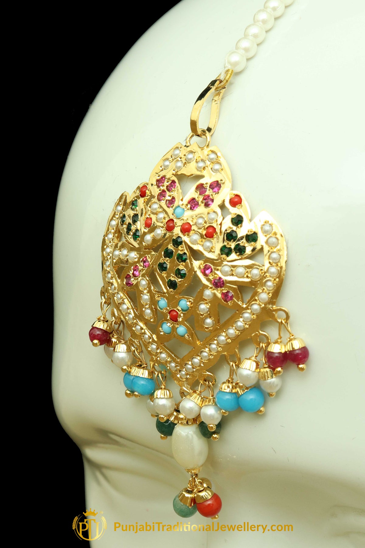 Multi Jadau Pearl Earring Tikka Set By Punjabi Traditional Jewellery