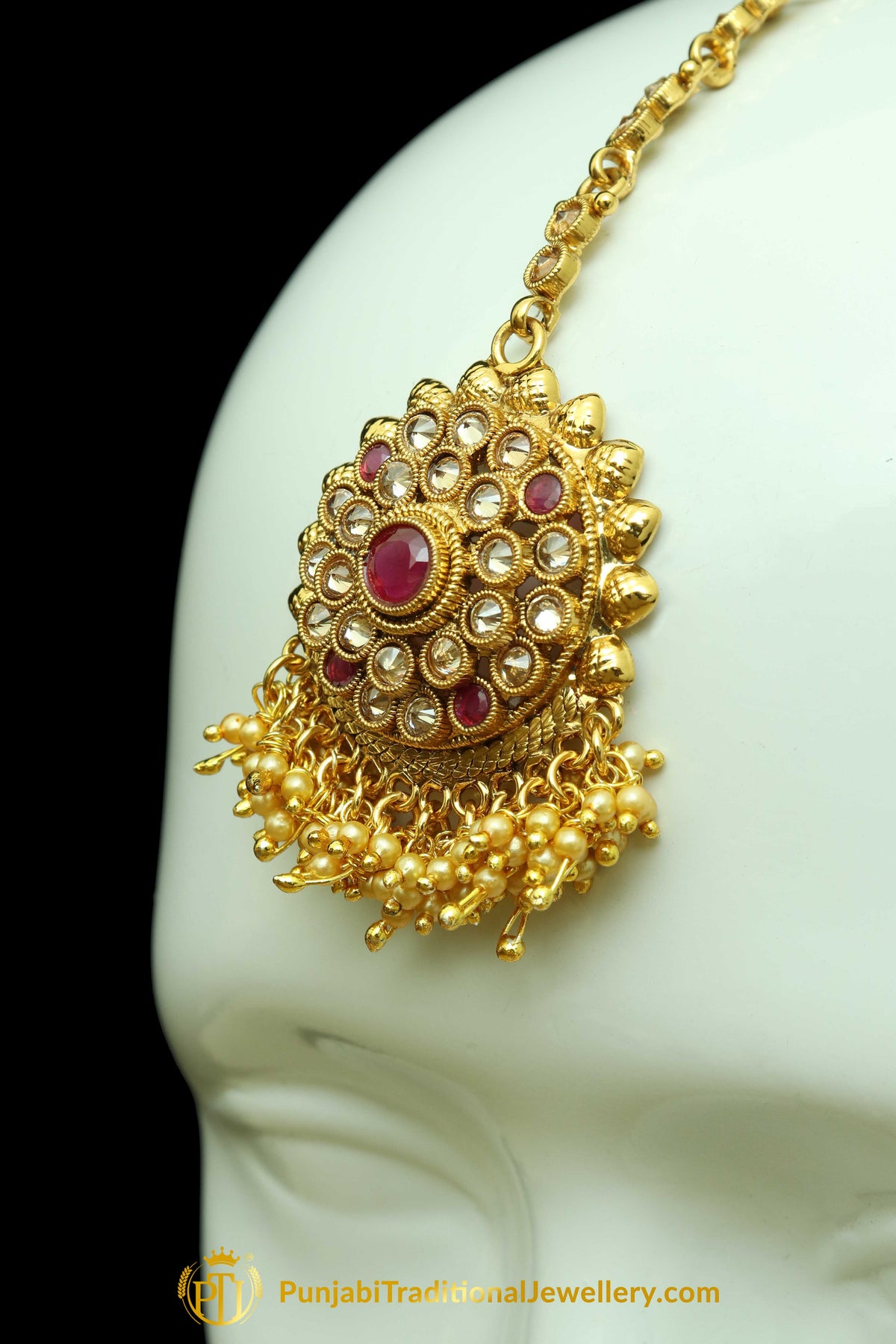 Red Polki Earrings Tikka Set By Punjabi Traditional Jewellery