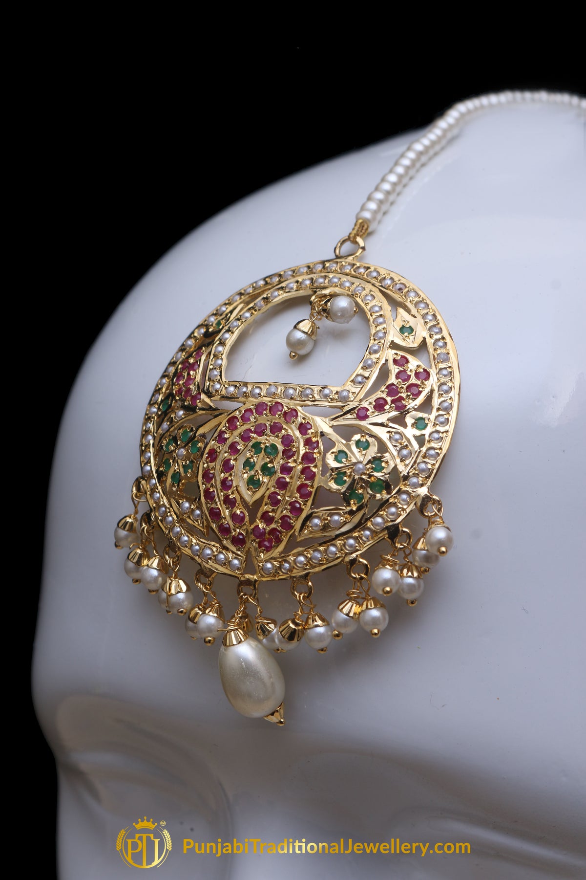 Multi Jadau Pearl Earring Tikka Set By Punjabi Traditional Jewellery
