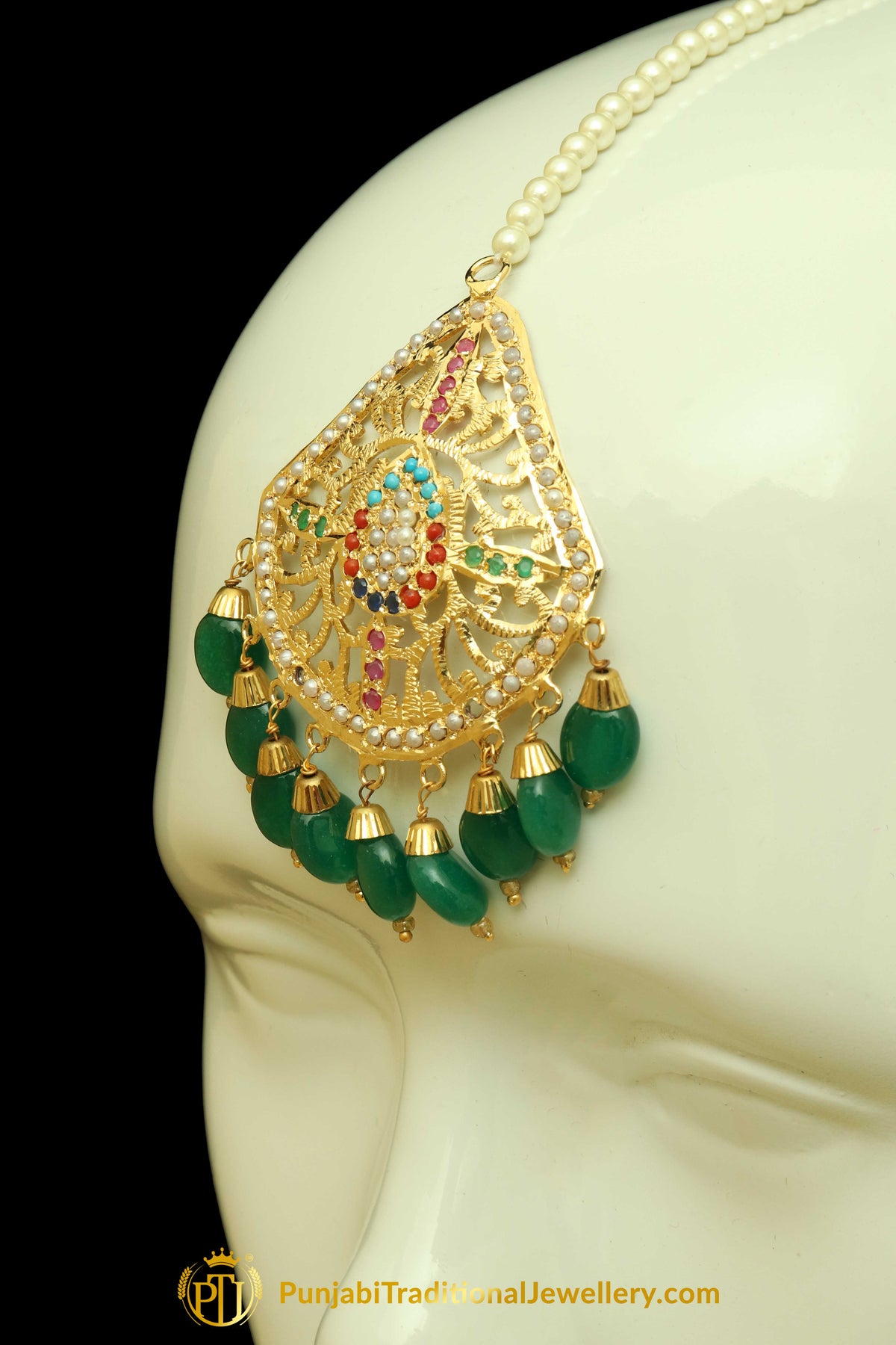 Green Jadau Earrings Tikka Set By Punjabi Traditional Jewellery