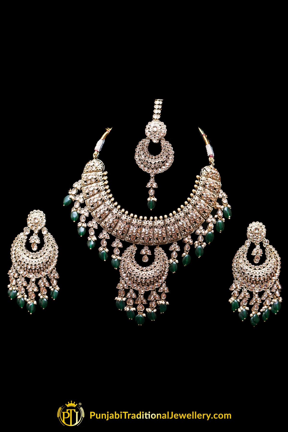 Green Champagne Stone Necklace Set By Punjabi Traditional Jewellery
