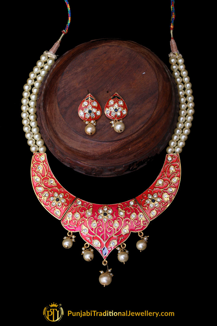 Red Meena Pearl Necklace Set By Punjabi Taditional Jewellery