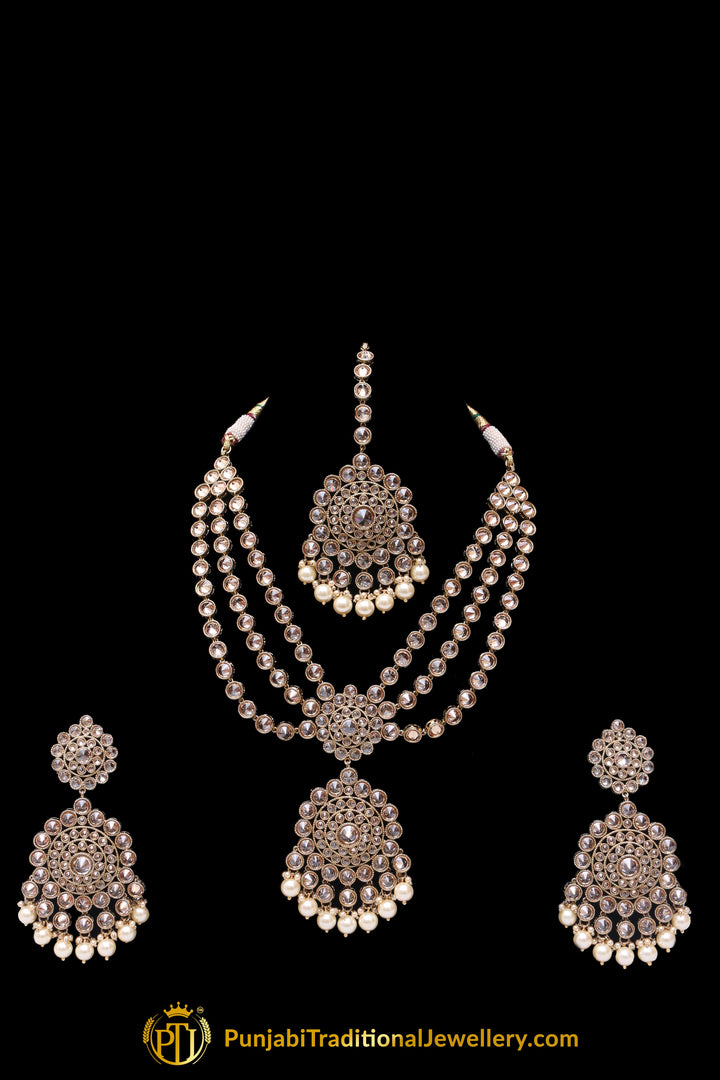 Pearl Champagne Stone Necklace Set By Punjabi Traditional Jewellery