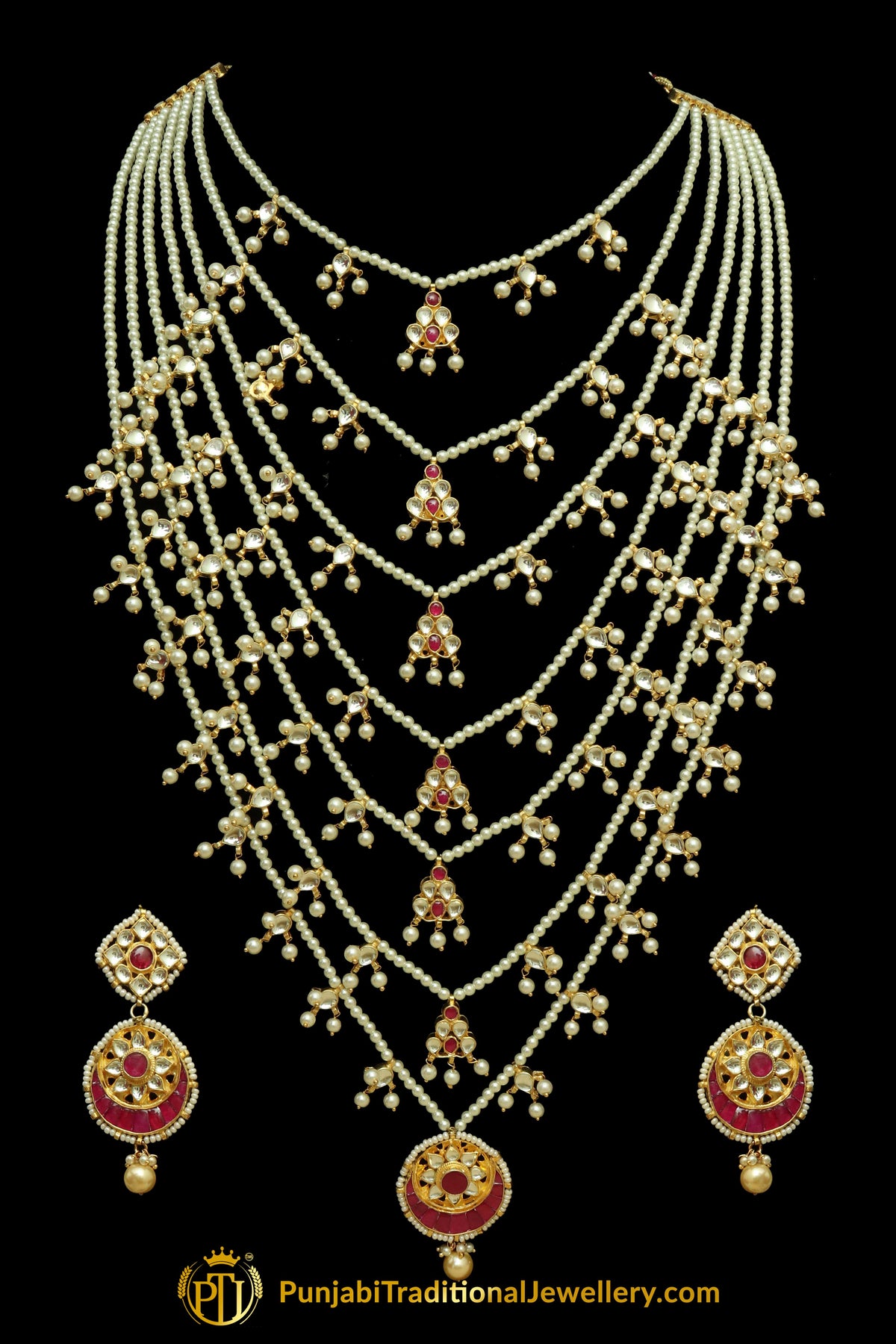 Red Kundan & Pearl Necklace Set By Punjabi Traditional Jewellery