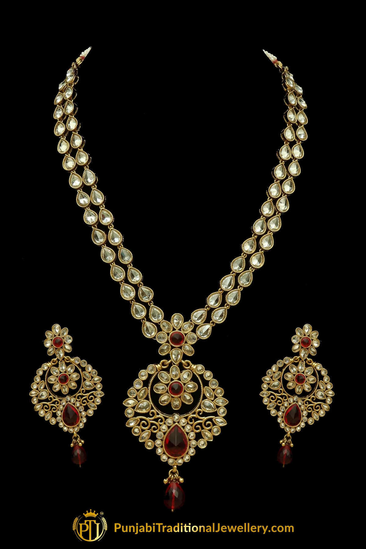 Red Polki Necklace Set By Punjabi Traditional Jewellery