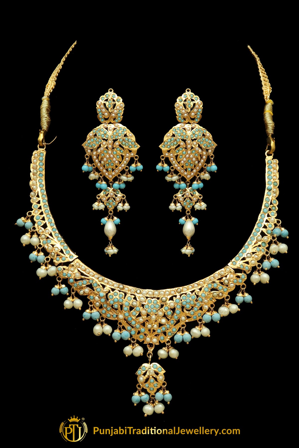 Firozi Jadau Necklace Set By Punjabi Traditional Jewellery