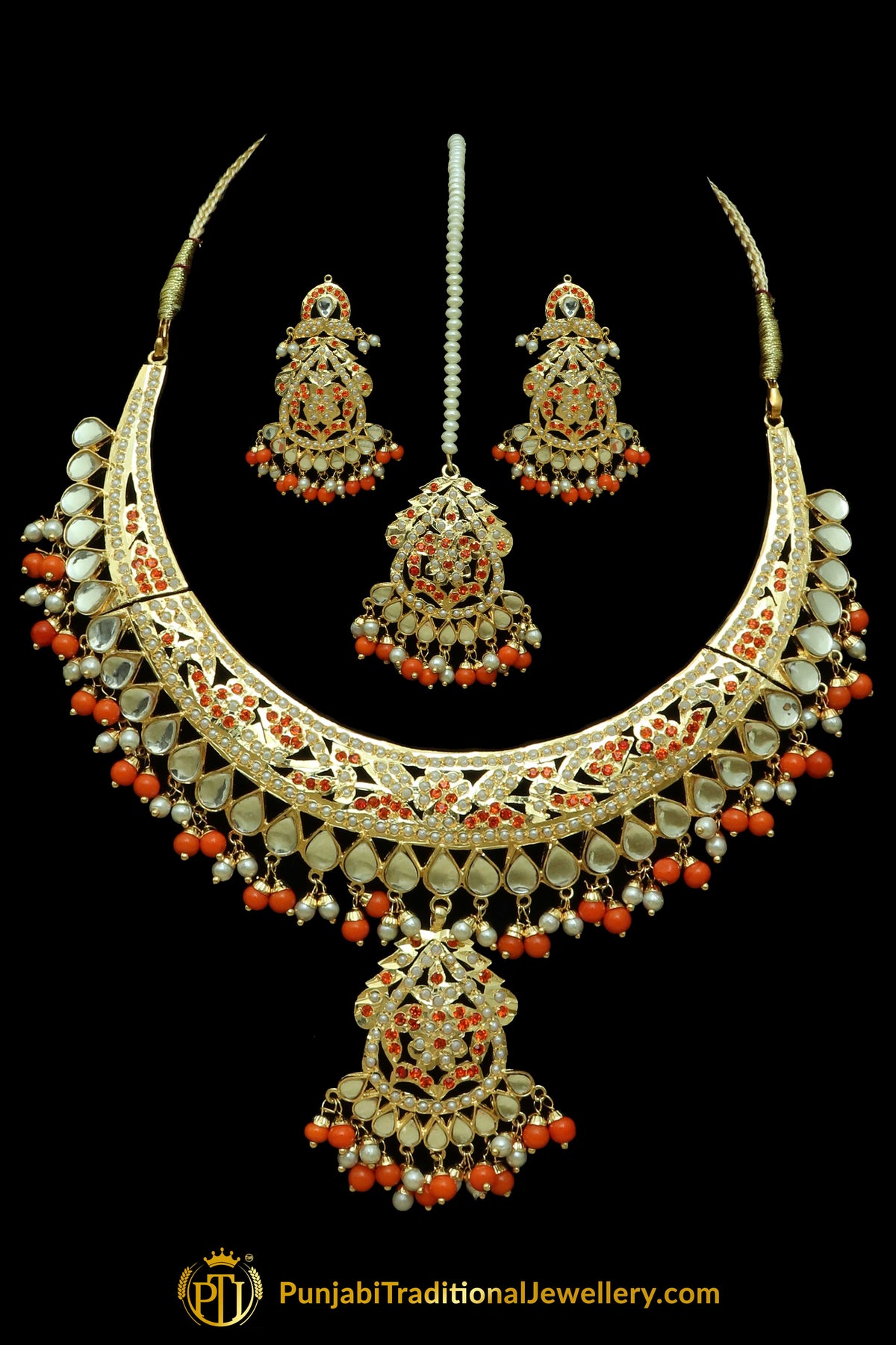 Orange Kundan Jadau Necklace Set By Punjabi Traditional Jewellery