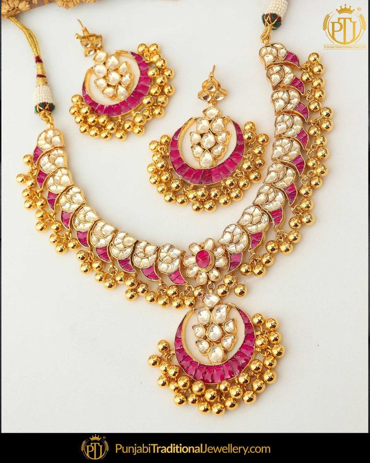 Gold Finished Rubby Kundan Necklace Set | Punjabi Traditional Jewellery Exclusive