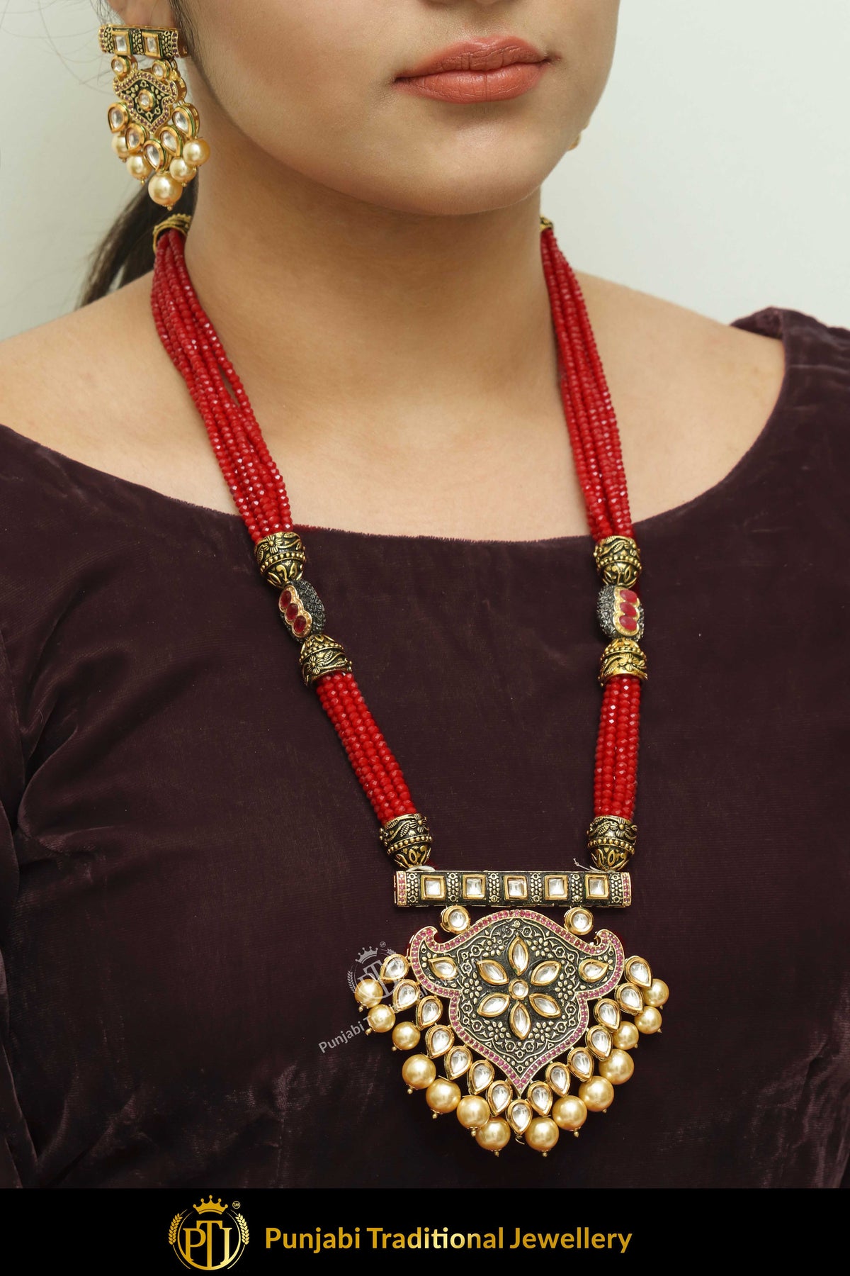 Forhand Gold Finished Rubby Kundan Long Necklace Set | Punjabi Traditional Jewellery Exclusive