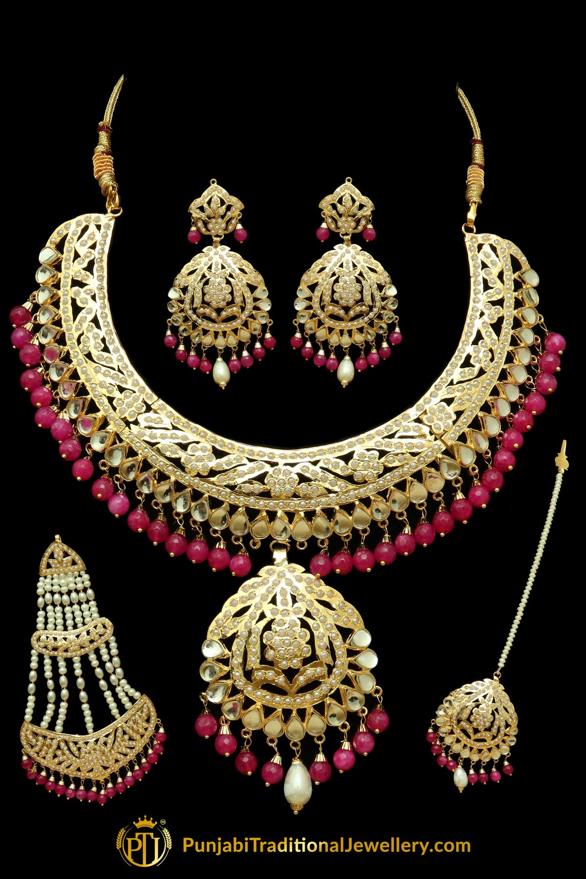 Pink Jadau & Kundan Necklace Set By Punjabi Traditional Jewellery
