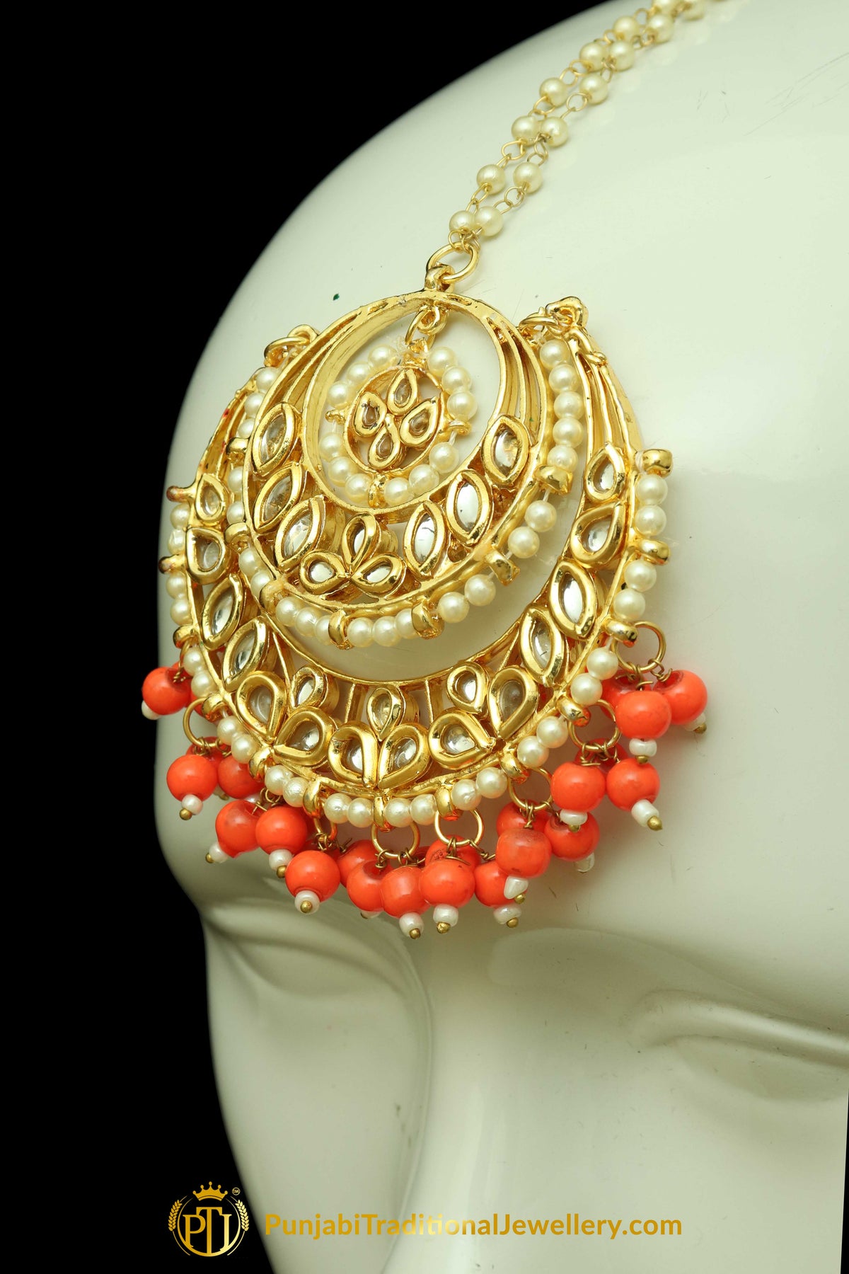 Orange Kundan Earring Tikka Set By Punjabi Traditional Jewellery