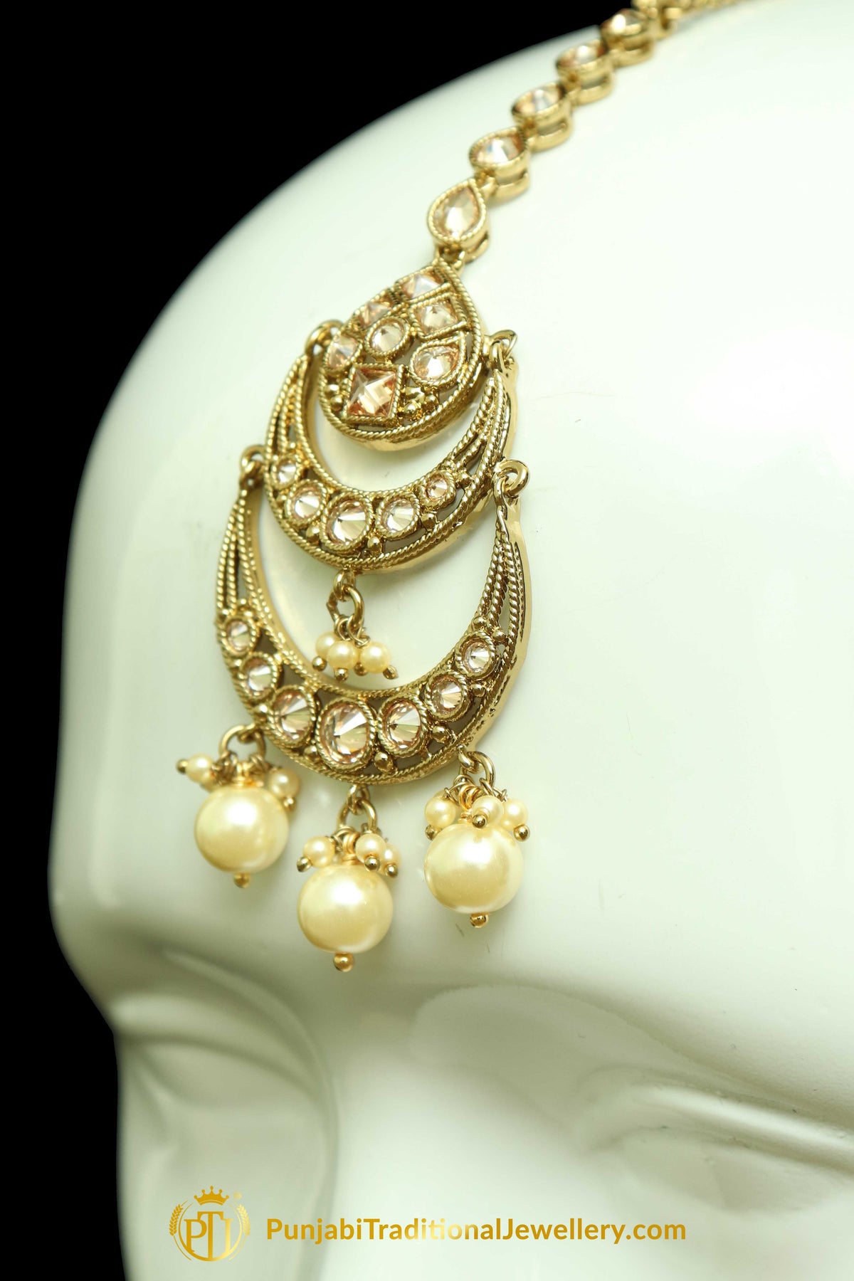 Gold Finished Champagne Stone & Pearl Earring Tikka Set By Punjabi Traditional Jewellery
