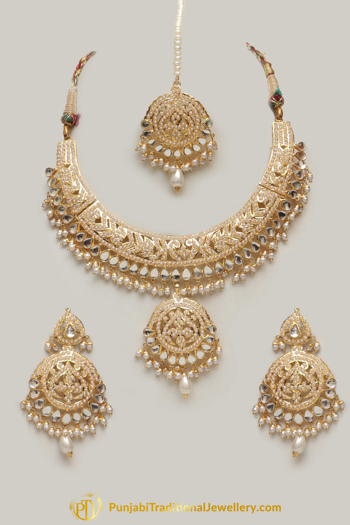 Golden Jadau Pearl Kundan Necklace Set By Punjabi Taditional Jewellery