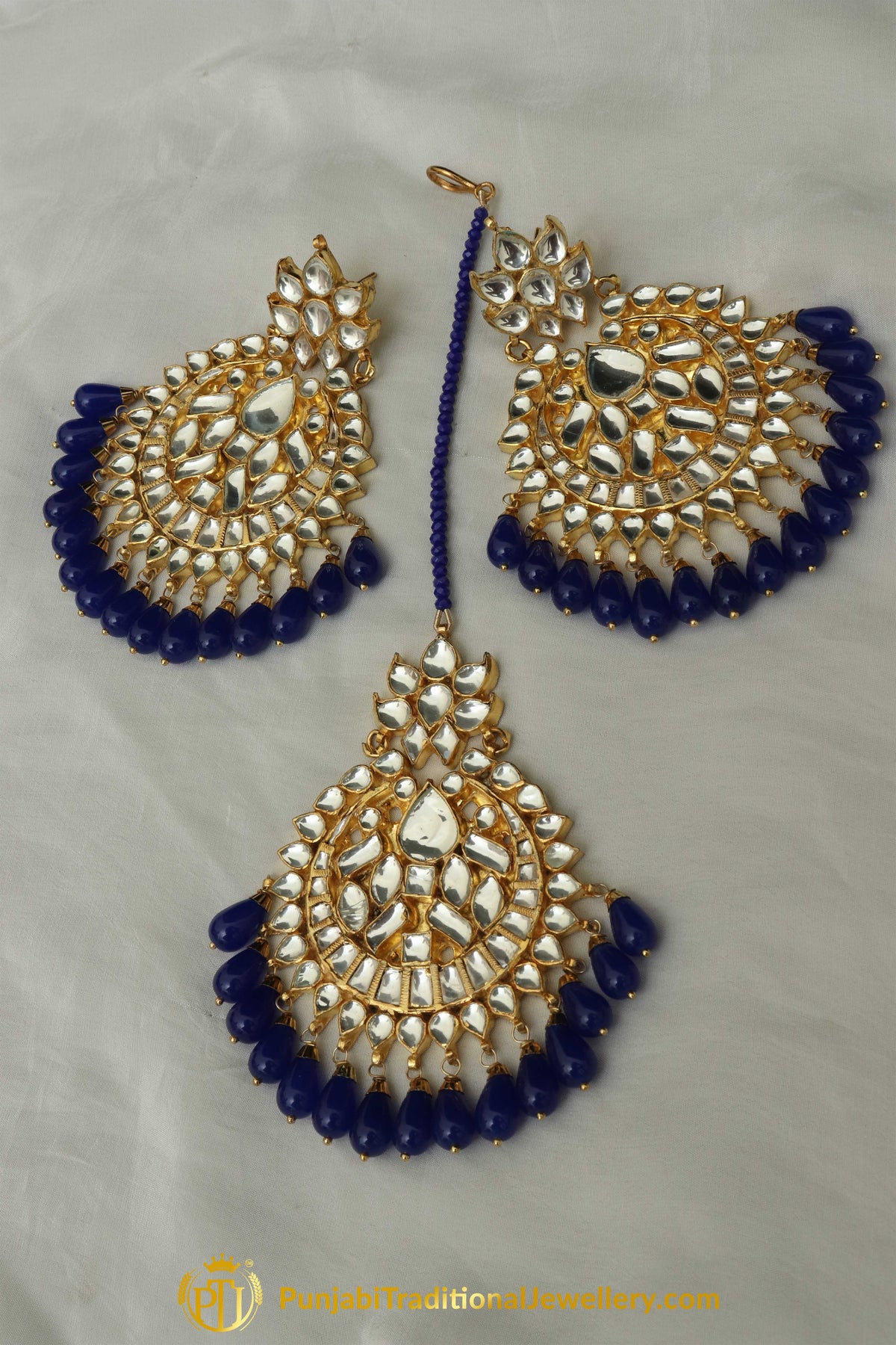Barzah Blue Kundan Earring Tikka Set | Punjabi Traditional Jewellery