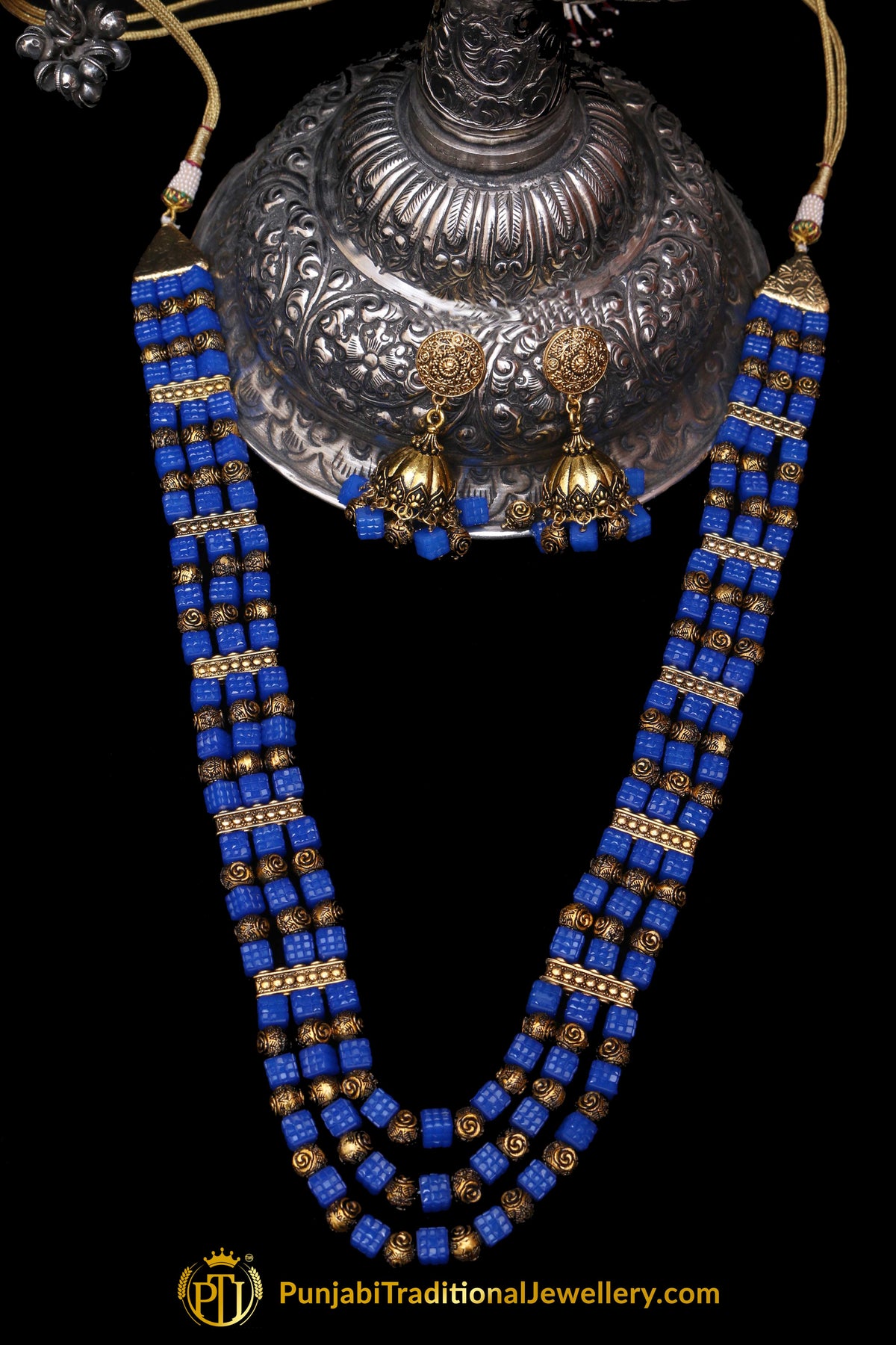 Blue Antique Gold Necklace Set By Punjabi Traditional Jewellery