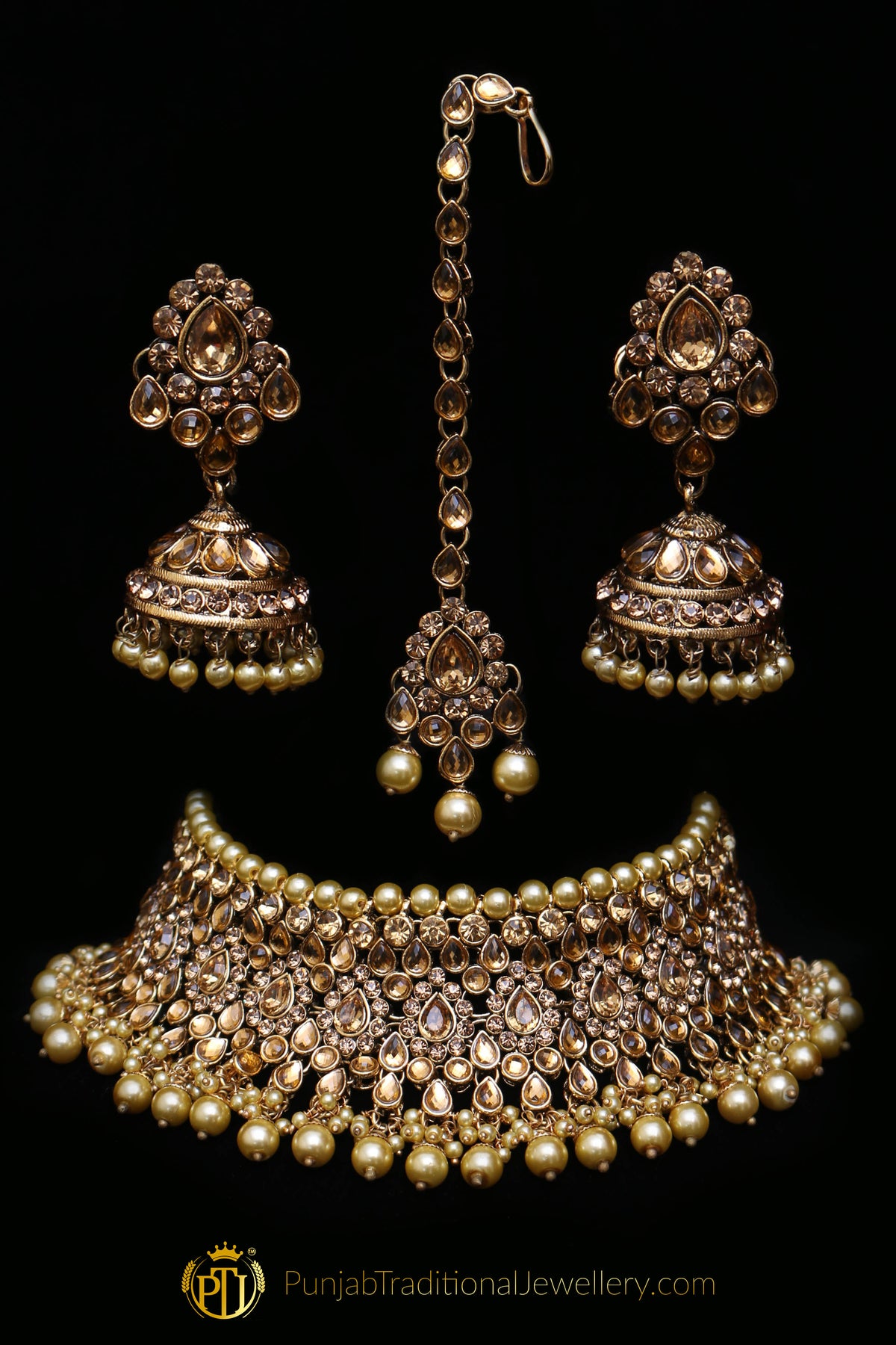 Golden Kundan Stone Pearl Necklace Set By Punjabi Traditional Jewellery