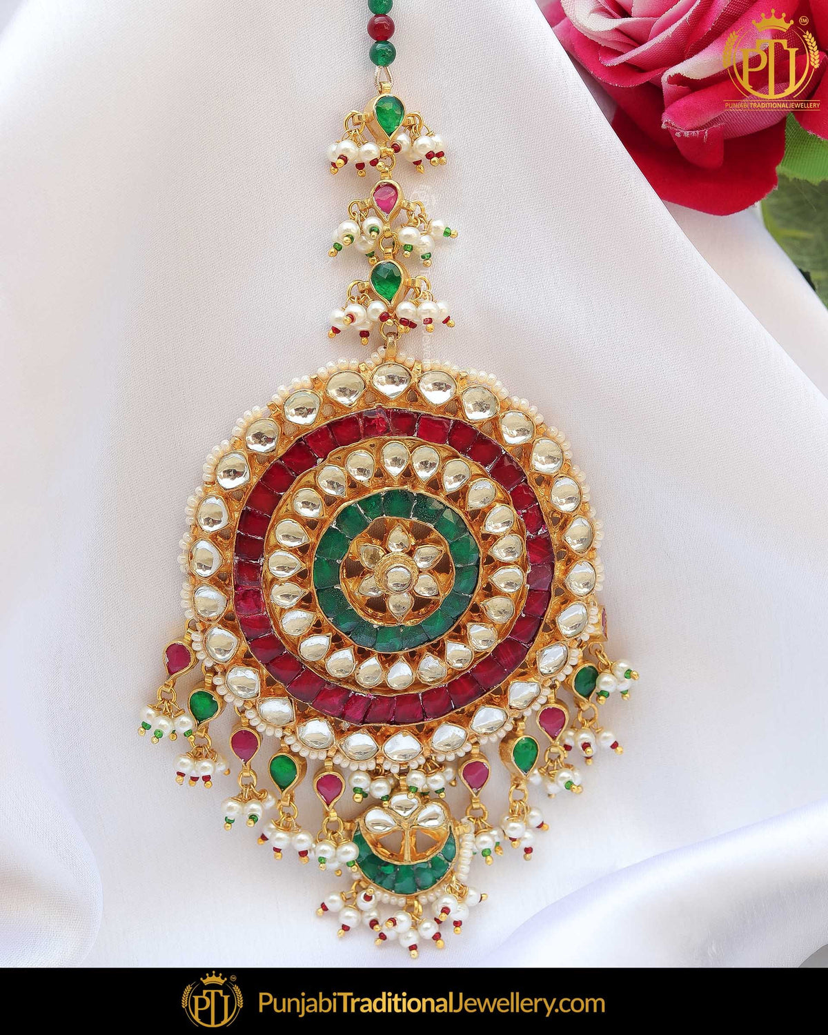 Gold Finished Green Rubby Kundan Tikka | Punjabi Traditional Jewellery Exclusive