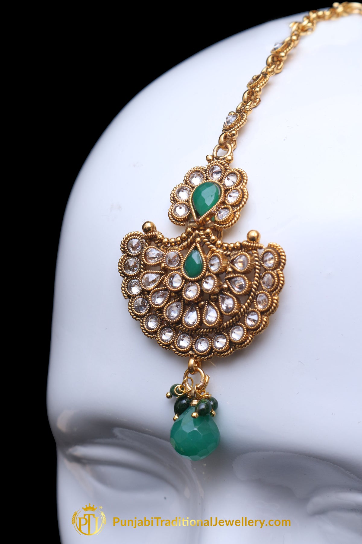 Green Polki Earring Tikka Set By Punjabi Traditional Jewellery