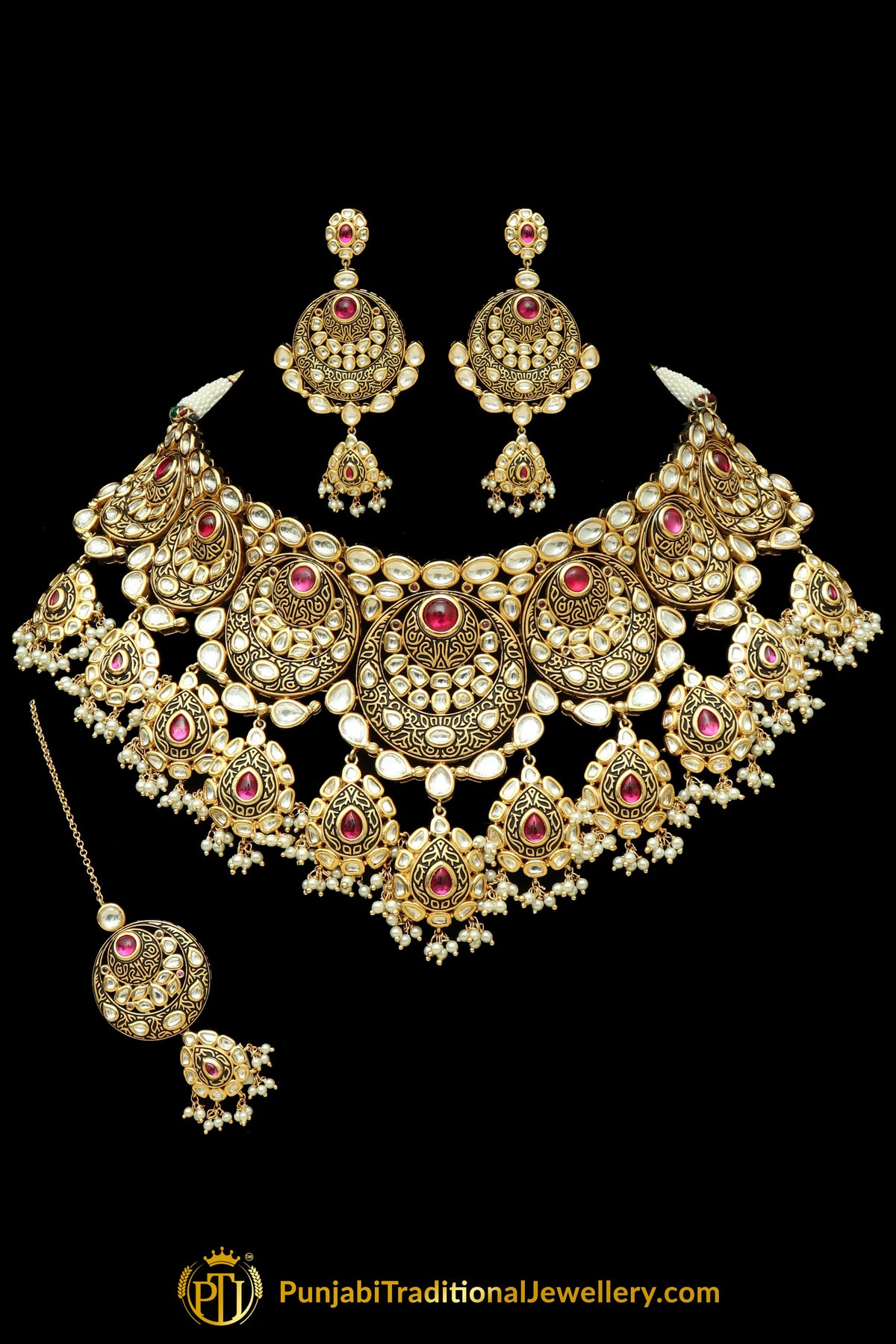 Antique Matt Gold Kundan Necklace Set By Punjabi Taditional Jewellery
