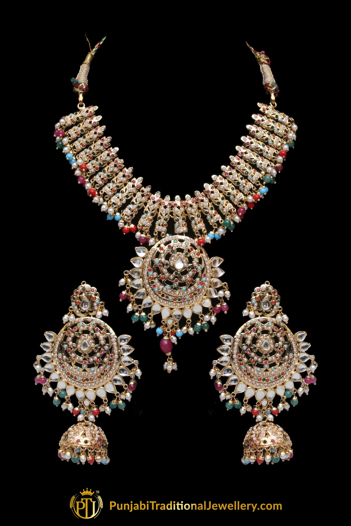 Multi Jadau Pearl Kundan Necklace Set By Punjabi Traditional Jewellery
