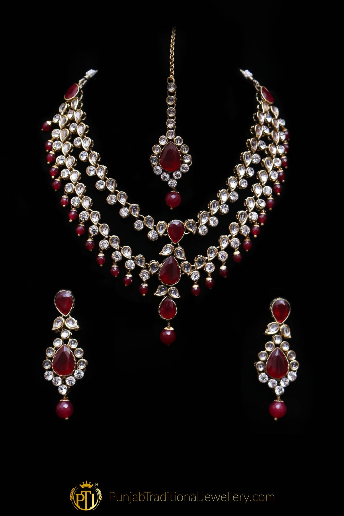 Red Kundan Necklace Set By Punjabi Traditional Jewellery