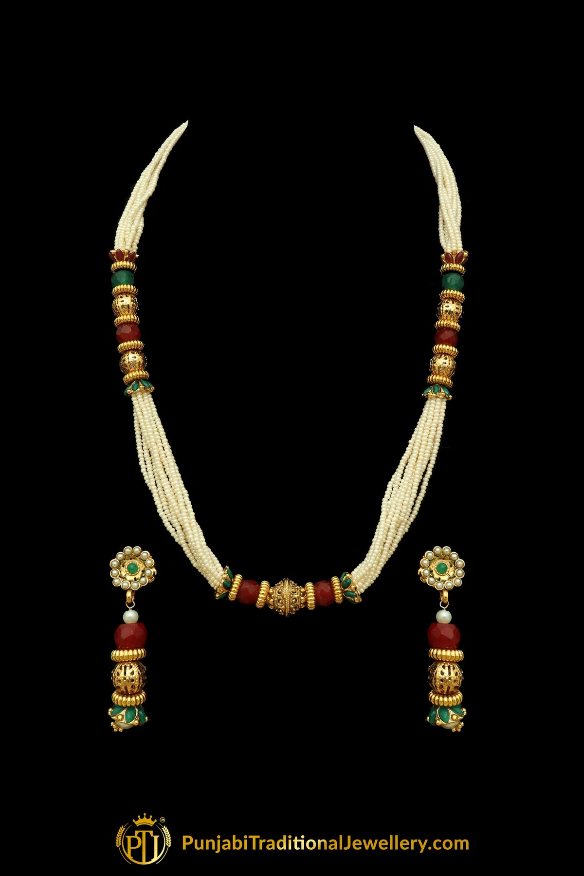Rubby Panna Pearl Jodha Mala Necklace Set By Punjabi Traditional Jewellery