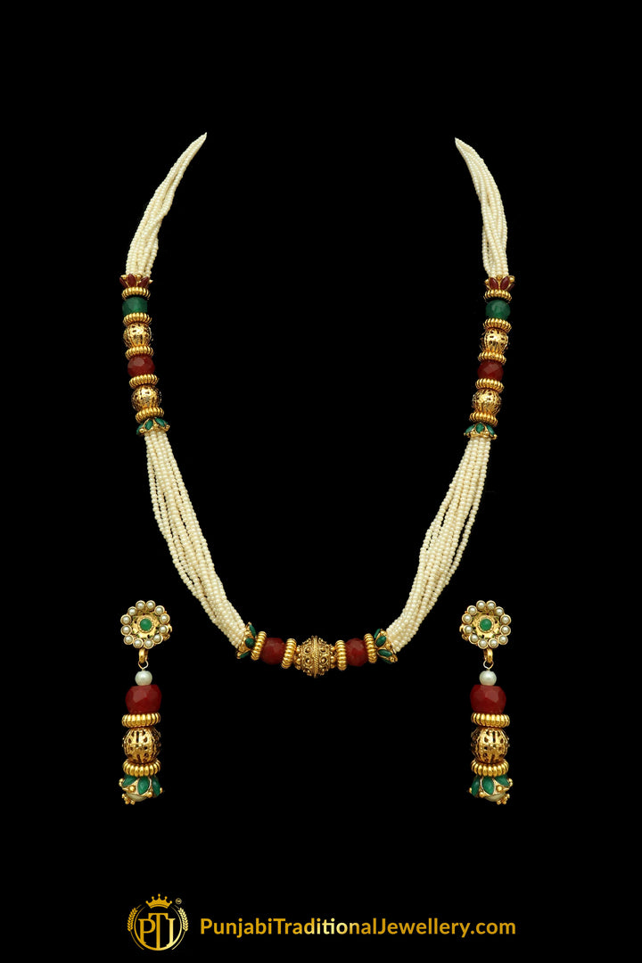 Rubby Panna Pearl Jodha Mala Necklace Set By Punjabi Traditional Jewellery