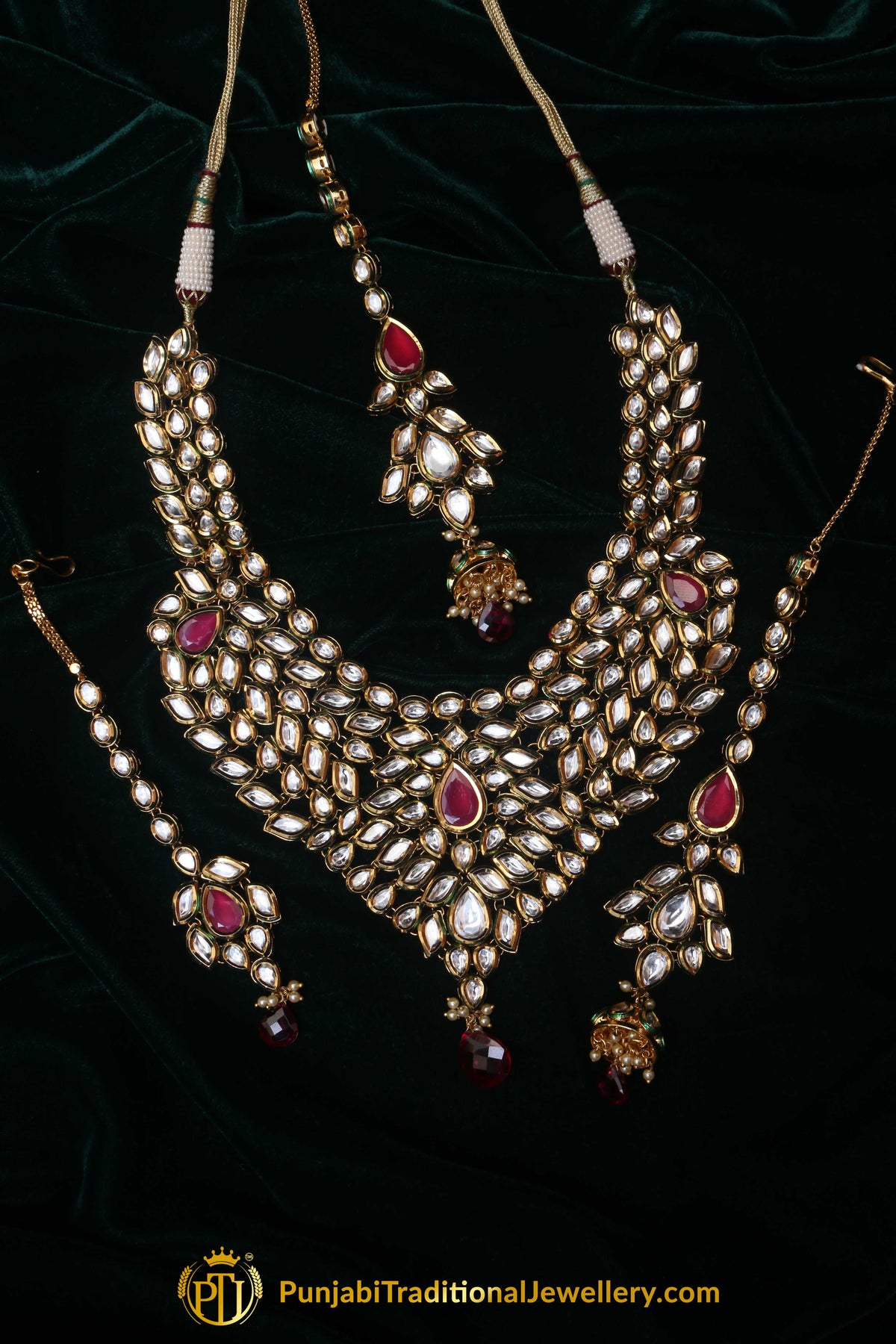 Red Kundan Necklace Set With Sahare Earrings By Punjabi Traditional Jewellery