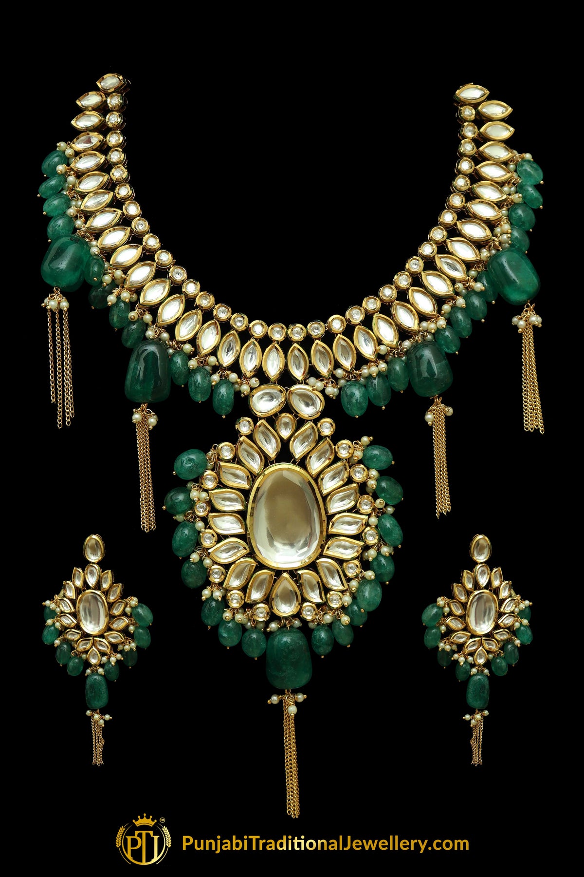 Green Kundan Necklace Set By Punjabi Taditional Jewellery