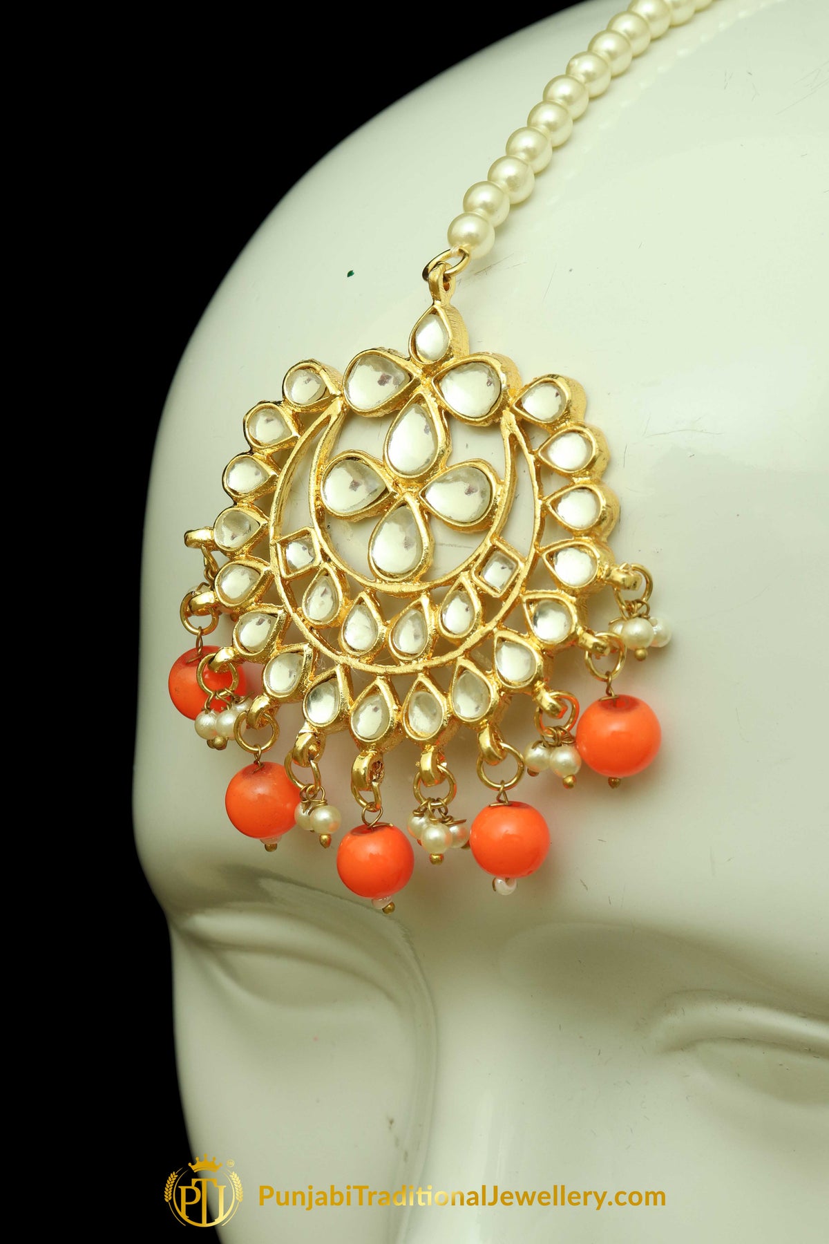 Orange Kundan Earring Tikka Set By Punjabi Traditional Jewellery