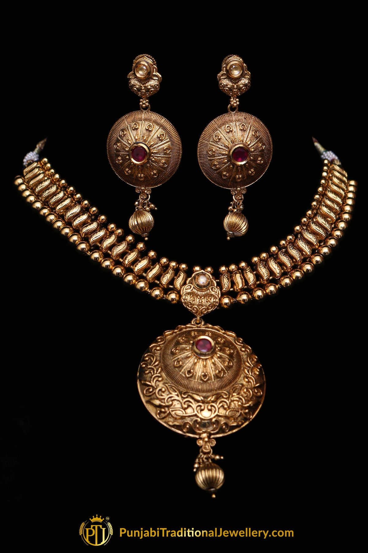 Nawazish Red Antique Gold Necklace Set By Punjabi Traditional Jewellery