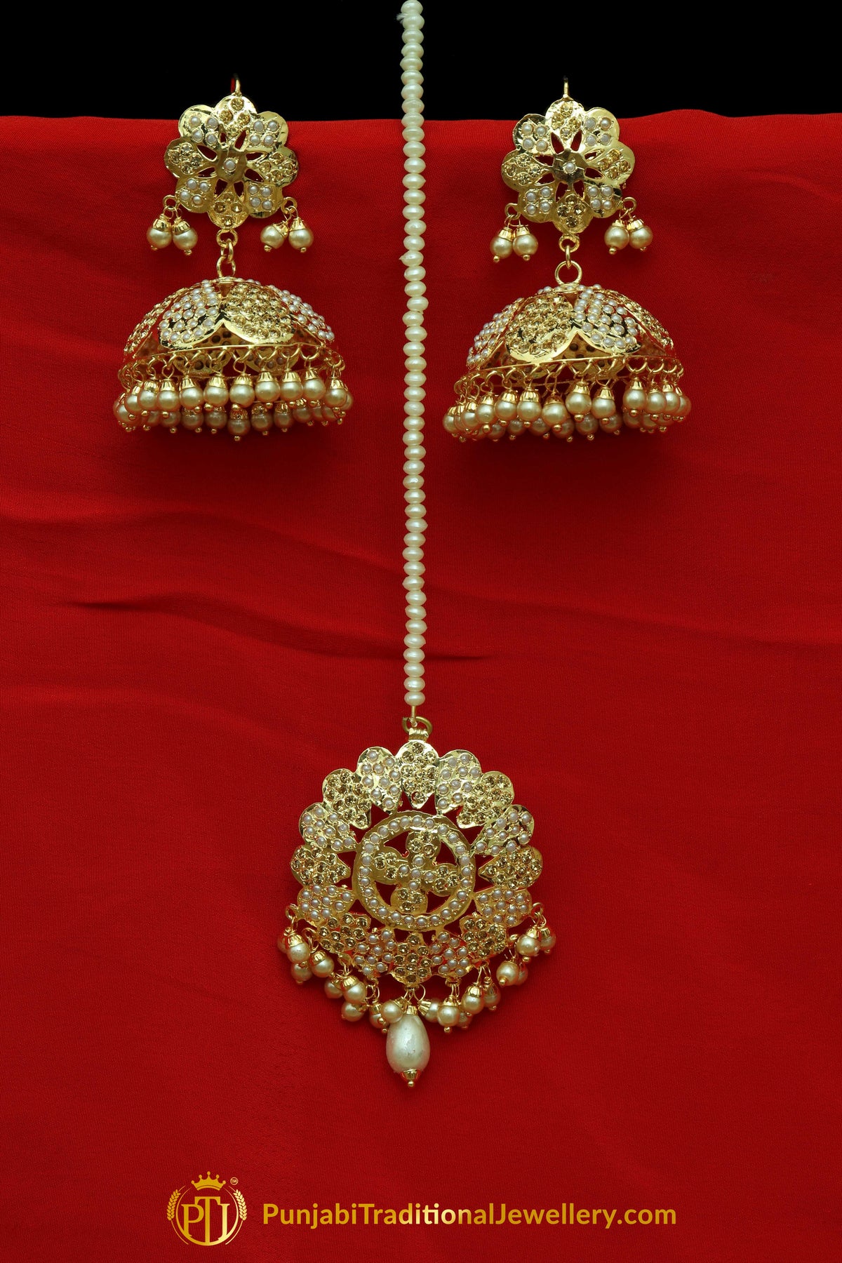 Yellow Jadau & Jhumki Earring Tikka Set By Punjabi Traditional Jewellery Earrings
