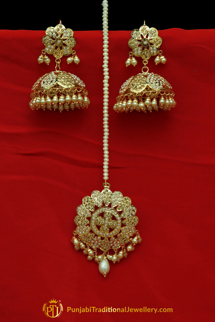 Yellow Jadau & Jhumki Earring Tikka Set By Punjabi Traditional Jewellery Earrings