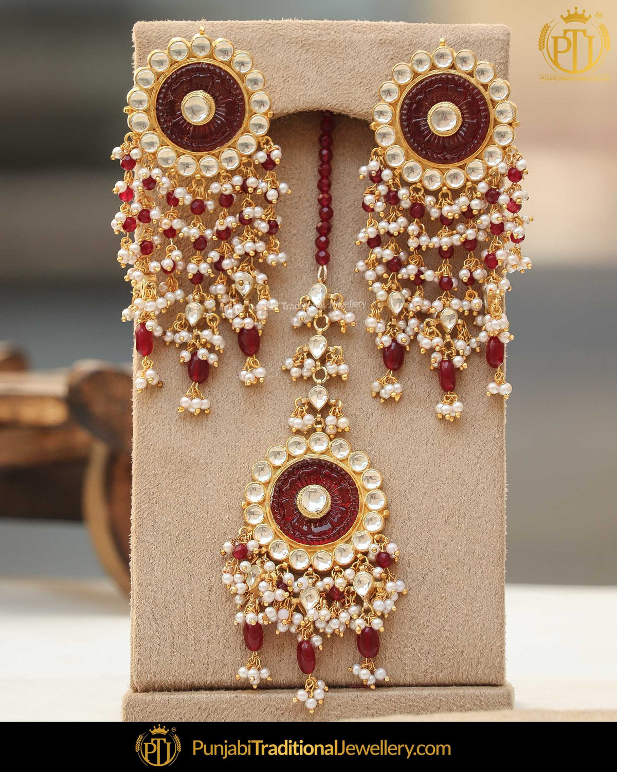 Hand Painted Rubby Kundan Pearl Earring Tikka Set | Punjabi Traditional Jewellery Exclusive