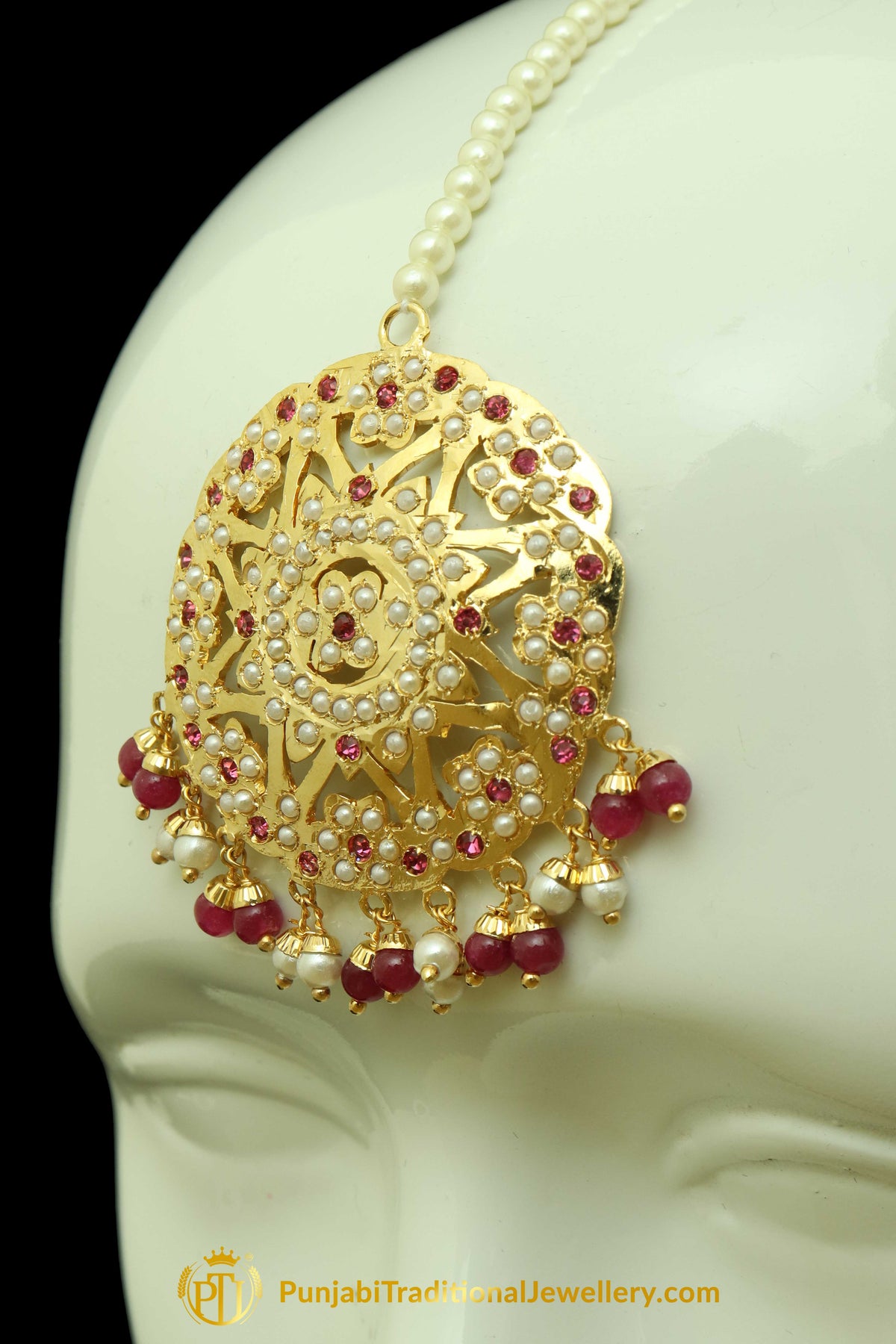 Gold Finished Rubby Jadau Earring Tikka Set By Punjabi Traditional Jewellery