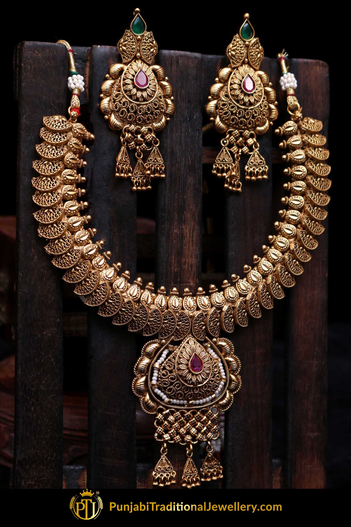 Red Green Antique Gold Necklace Set By Punjabi Traditional Jewellery
