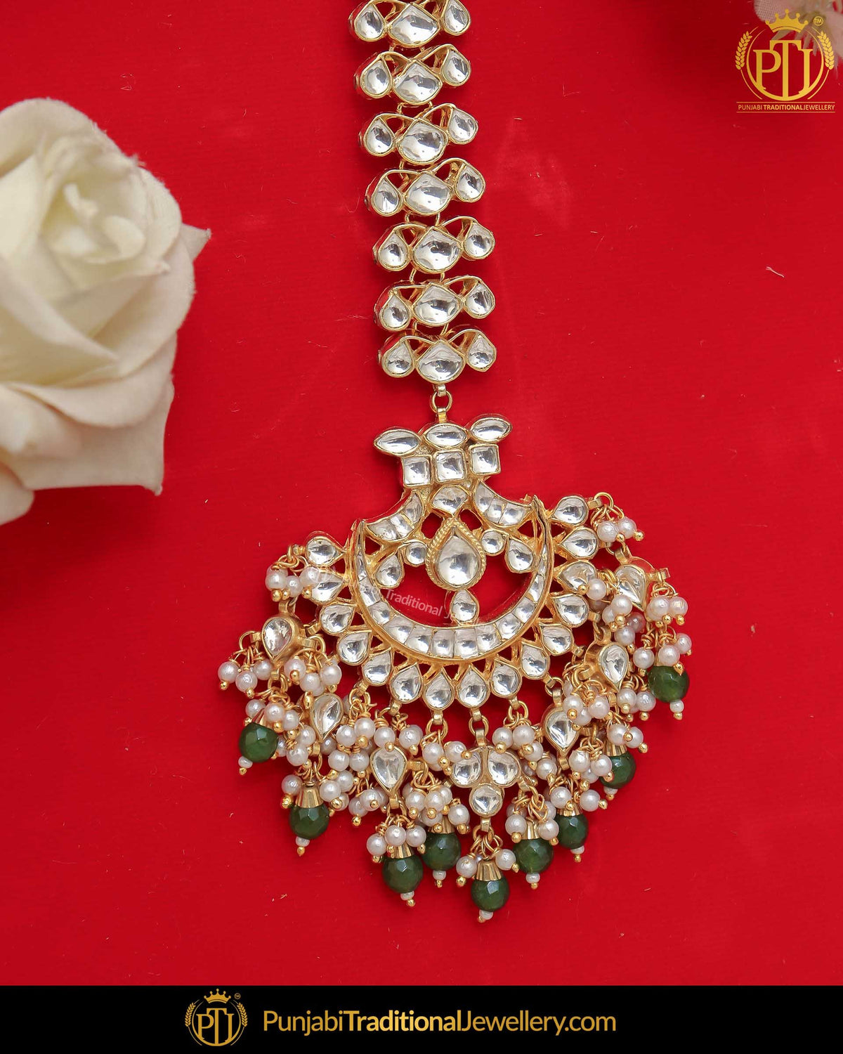 Gold Finished Kundan Green Pearl Tikka | Punjabi Traditional Jewellery Exclusive