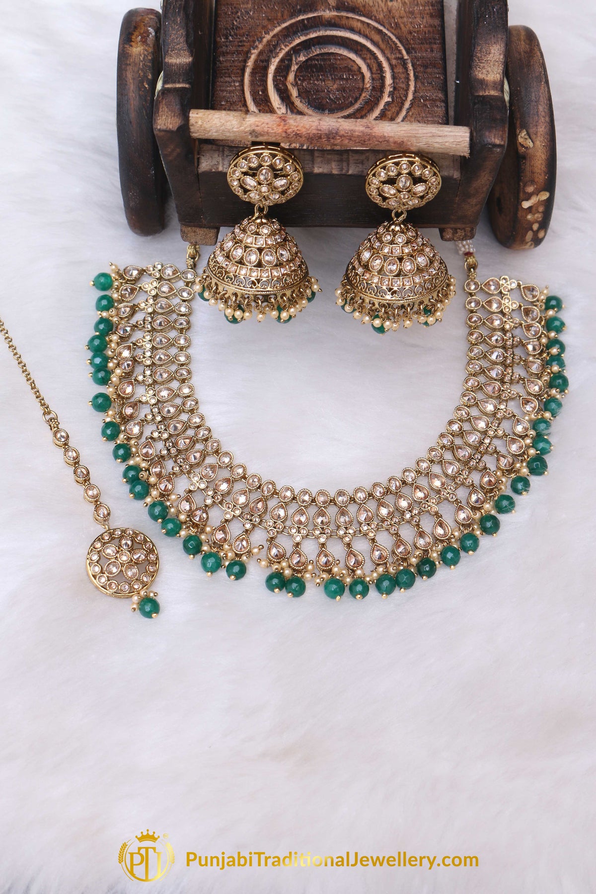 Golden Champagne Stone Necklace Set By Punjabi Traditional Jewellery