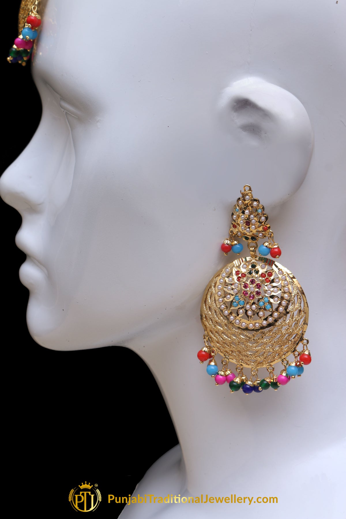 Multi Jadau Pearl Earring Tikka Set By Punjabi Traditional Jewellery