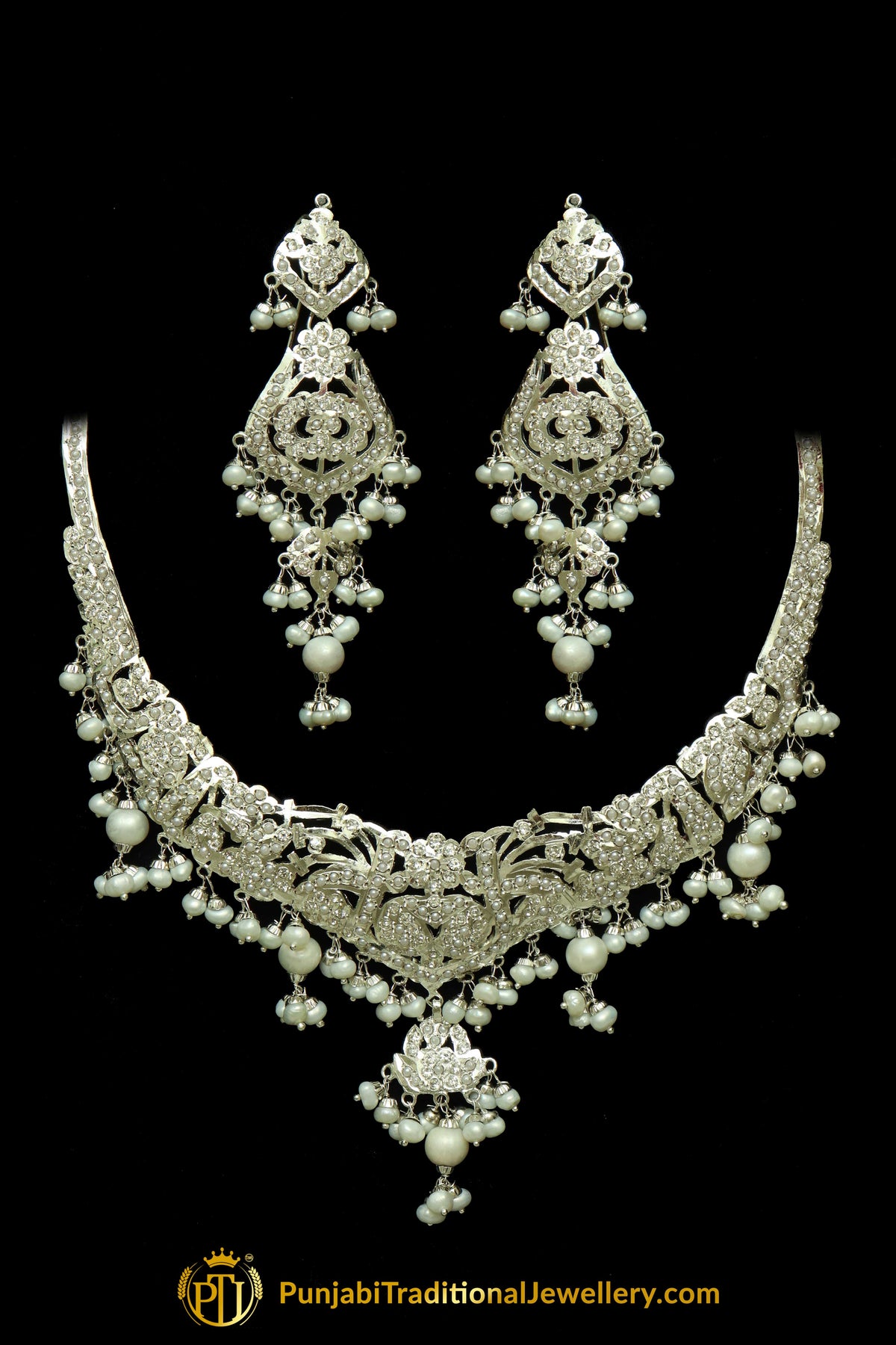 Silver Finished Pearl Jadau Necklace Set By Punjabi Traditional Jewellery