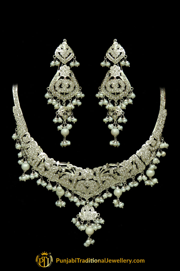 Silver Finished Pearl Jadau Necklace Set By Punjabi Traditional Jewellery