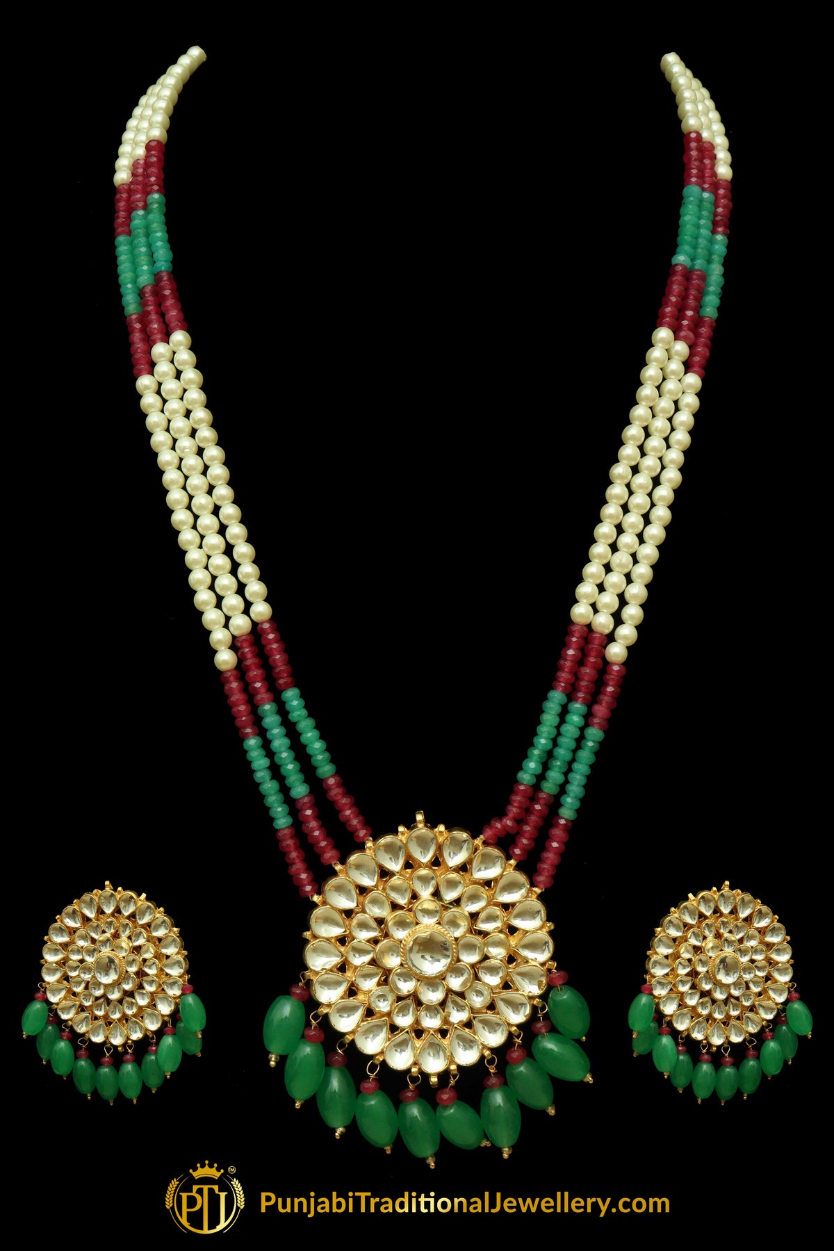 Green Red Kundan & Pearl Long Necklace Set By Punjabi Traditional Jewellery
