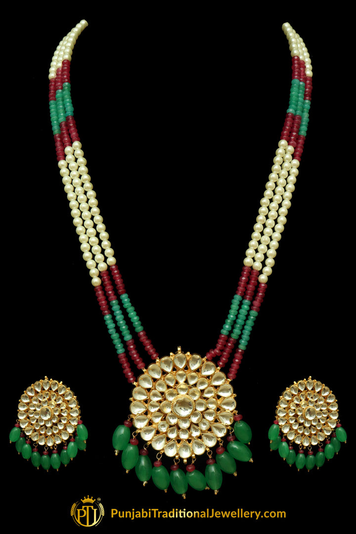 Green Red Kundan & Pearl Long Necklace Set By Punjabi Traditional Jewellery