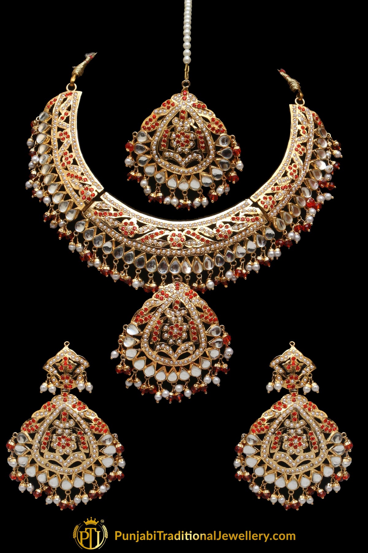 Red Jadau Pearl Kundan Necklace Set By Punjabi Traditional Jewellery