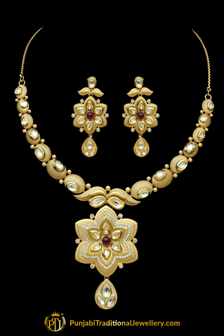 Matt Gold Kundan Necklace Set By Punjabi Taditional Jewellery