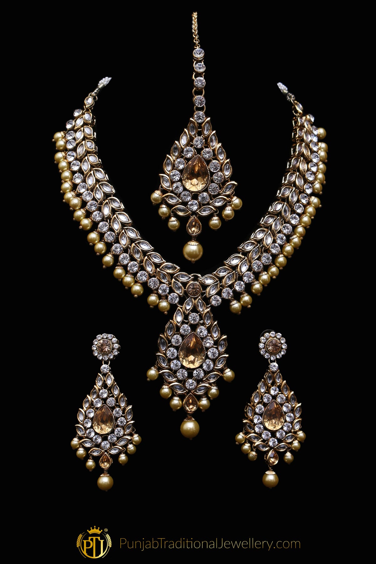 White & Golden Kundan Necklace Set By Punjabi Traditional Jewellery