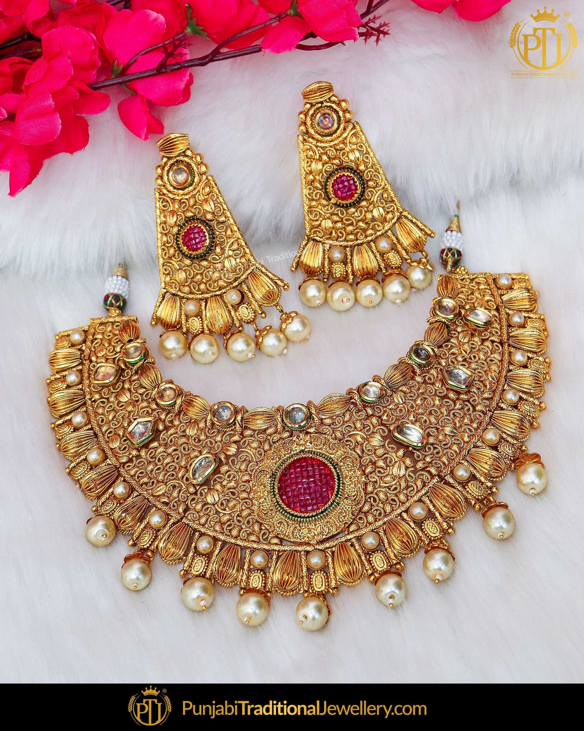 Antique Gold Finished Rubby Kundan Pearl Necklace Set  | Punjabi Traditional Jewellery Exclusive